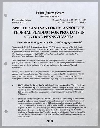 Specter and Santorum announce federal funding for projects in central Pennsylvania