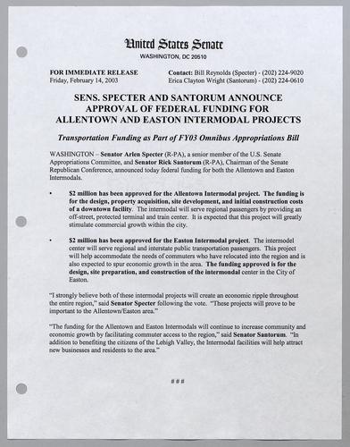 Senators Specter and Santorum announce approval of federal funding for Allentown and Easton intermodal projects