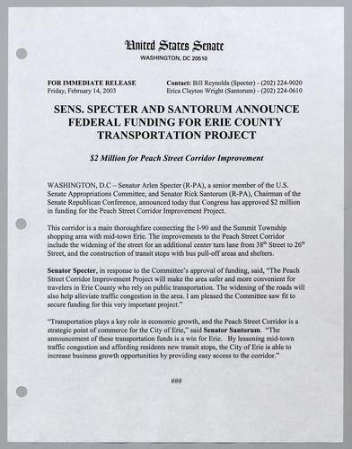 Senators Specter and Santorum announce federal funding for Erie County transportation project