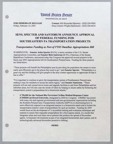 Senators Specter and Santorum announce approval of federal funding for southeastern Pennsylvania transportation projects