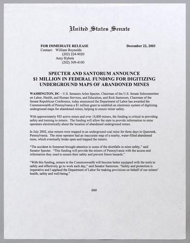 Specter and Santorum announce $1 million in federal funding for digitizing underground maps of abandoned mines