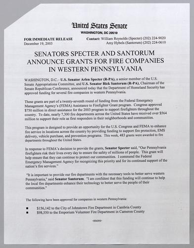 Senators Specter and Santorum announce grants for fire companies in western Pennsylvania