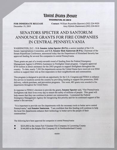 Senators Specter and Santorum announce grants for fire companies in central Pennsylvania