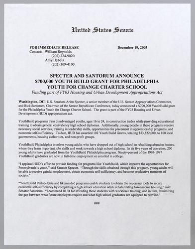 Specter and Santorum announce $700,000 Youth Build grant for Philadelphia youth for Change Charter School