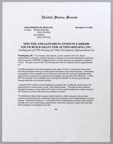 Specter and Santorum announce $400,000 Youth Build grant for Action-Housing, Inc.