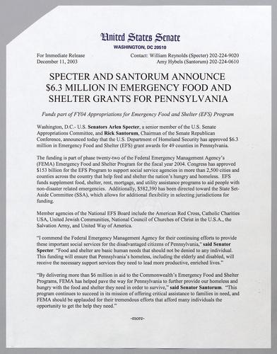 Specter and Santorum announce $6.3 million in emergency food and shelter grants for Pennsylvania