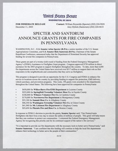Senators Specter and Santorum announce grants for fire companies in Pennsylvania