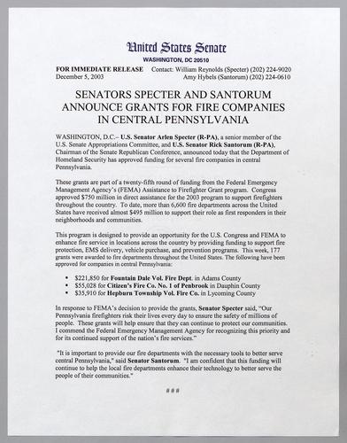 Senators Specter and Santorum announce grants for fire companies in central Pennsylvania