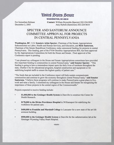 Specter and Santorum announce committee approval for projects in central Pennsylvania