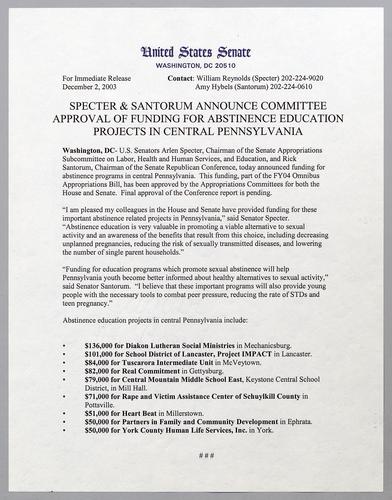Specter and Santorum announce committee approval of funding for abstinence education projects in central Pennsylvania