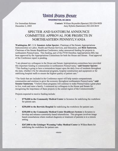 Specter and Santorum announce committee approval for projects in northeastern Pennsylvania