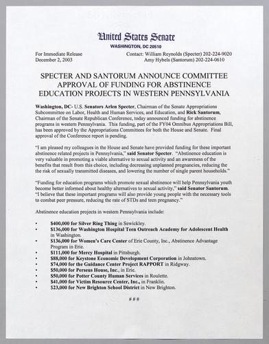 Specter and Santorum announce committee approval of funding for abstinence education projects in western Pennsylvania