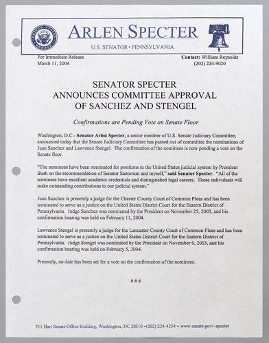 Senator Specter announces committee approval of Sanchez and Stengel