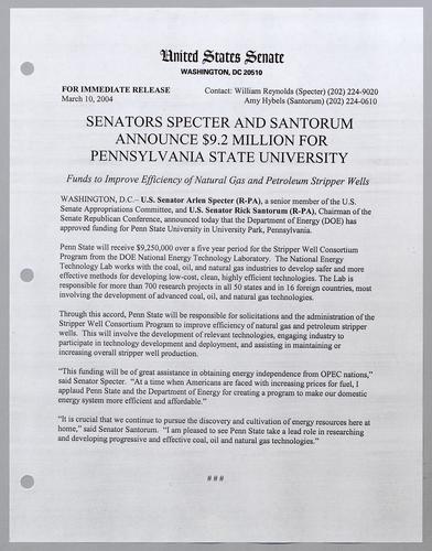 Senators Specter and Santorum announce $9.2 million for Pennsylvania State University