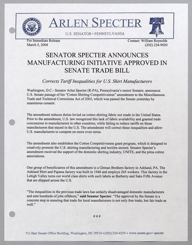 Senator Specter announces manufacturing initiative approved in Senate trade bill