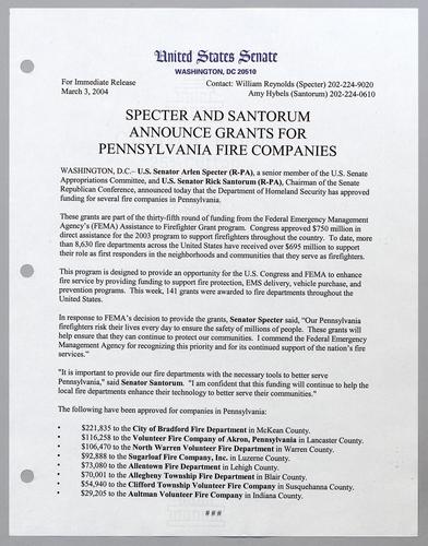 Specter and Santorum announce grants for Pennsylvania fire companies