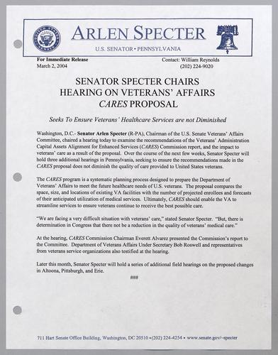 Senator Specter chairs hearing on Veterans' Affairs CARES proposal