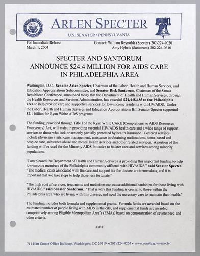 Specter and Santorum announce $24.4 million for AIDS care in Philadelphia area