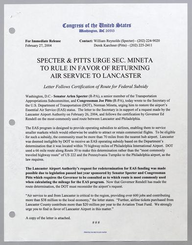 Specter and Pitts urge Secretary Mineta to rule in favor of returning air service to Lancaster