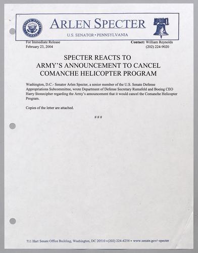 Specter reacts to Army's announcement to cancel Comanche helicopter program