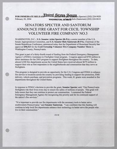 Senators Specter and Santorum announce fire grant for Cecil Township Volunteer Fire Company No. 3