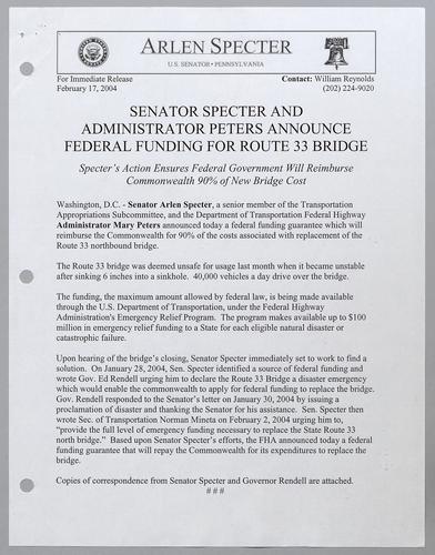 Senator Specter and Administrator Peters announce federal funding for Route 33 bridge