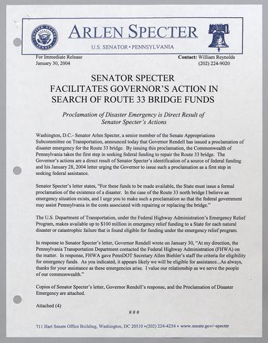 Senator Specter facilitates governor's auction in search of Route 33 bridge funds