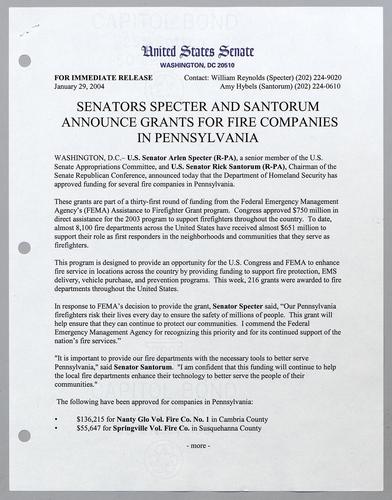 Senators Specter and Santorum announce grants for fire companies in Pennsylvania