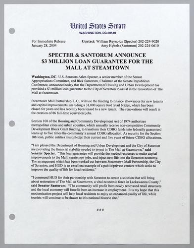 Specter and Santorum announce $3 million loan guarantee for the mall at Steamtown