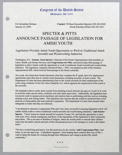 Specter and Pitts announce passage of legislation for Amish youth