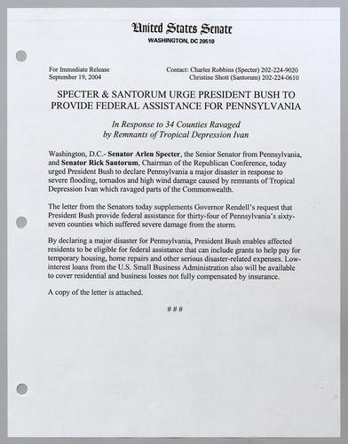 Specter and Santorum urge President Bush to provide federal assistance for Pennsylvania