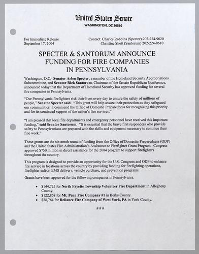 Specter and Santorum announce funding for fire companies in Pennsylvania