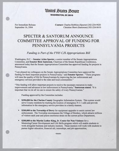 Specter and Santorum announce committee approval of funding for Pennsylvania projects