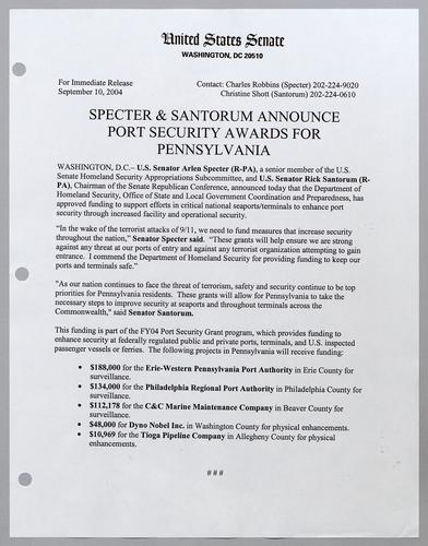 Specter and Santorum announce port security awards for Pennsylvania