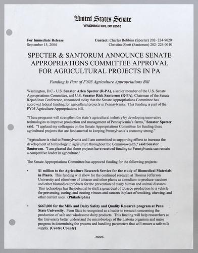 Specter and Santorum announce Senate Appropriations Committee approval for agriculture projects in Pennsylvania