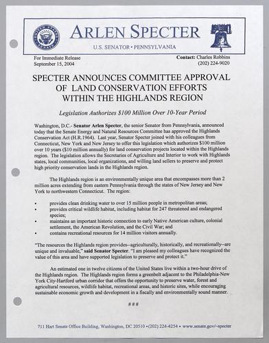 Specter announces committee approval of land conservation efforts within the highlands region