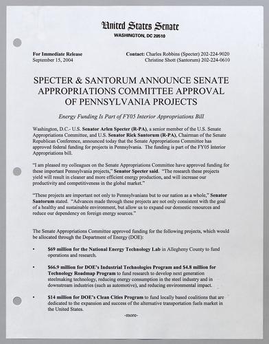 Specter and Santorum announce Senate Appropriations Committee approval of Pennsylvania projects