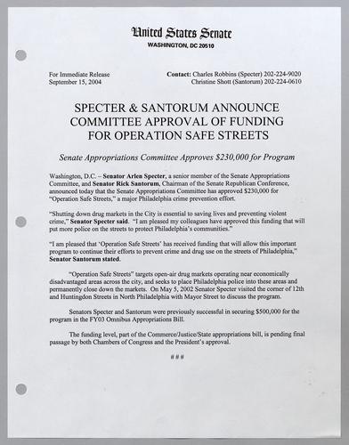 Specter and Santorum announce committee approval of funding for Operation Safe Streets