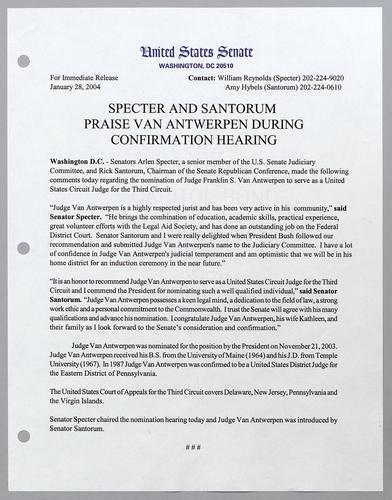 Specter and Santorum praise Van Antwerpen during confirmation hearing