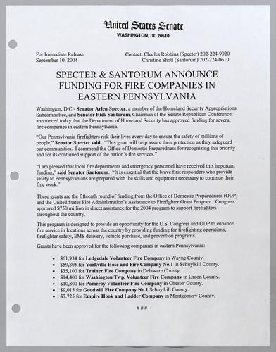 Specter and Santorum announce funding for fire companies in eastern Pennsylvania