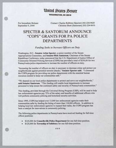 Specter and Santorum announce "COPS" grants for Pennsylvania police departments