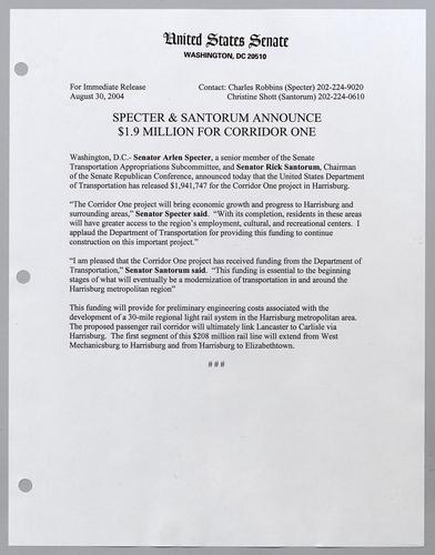 Specter and Santorum announce $1.9 million for Corridor One