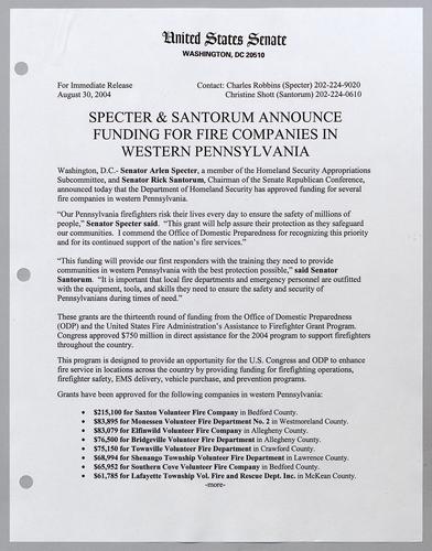 Specter and Santorum announce funding for fire companies in western Pennsylvania
