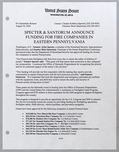 Specter and Santorum announce funding for fire companies in eastern Pennsylvania