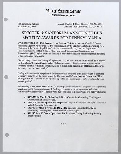 Specter and Santorum announce bus security awards for Pennsylvania