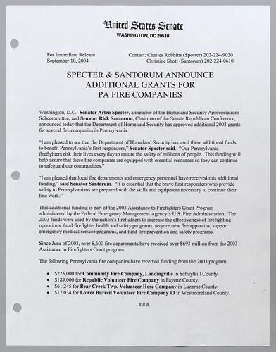 Specter and Santorum announce additional grants for Pennsylvania fire companies
