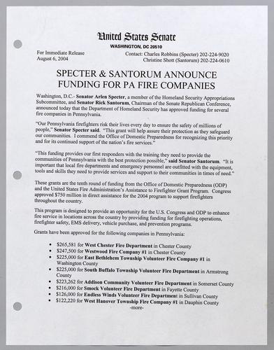 Specter and Santorum announce funding for Pennsylvania fire companies