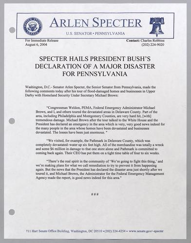 Specter hails President Bush's declaration of a major disaster for Pennsylvania