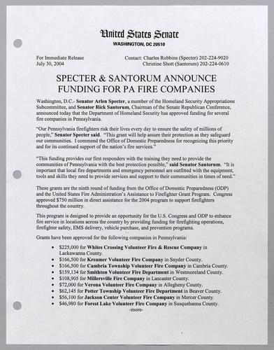 Specter and Santorum announce funding for Pennsylvania fire companies