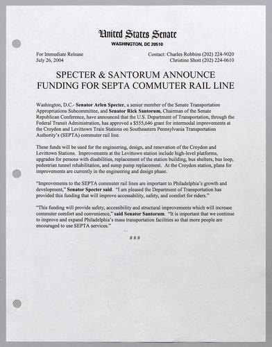 Specter and Santorum announce funding for SEPTA commuter rail line